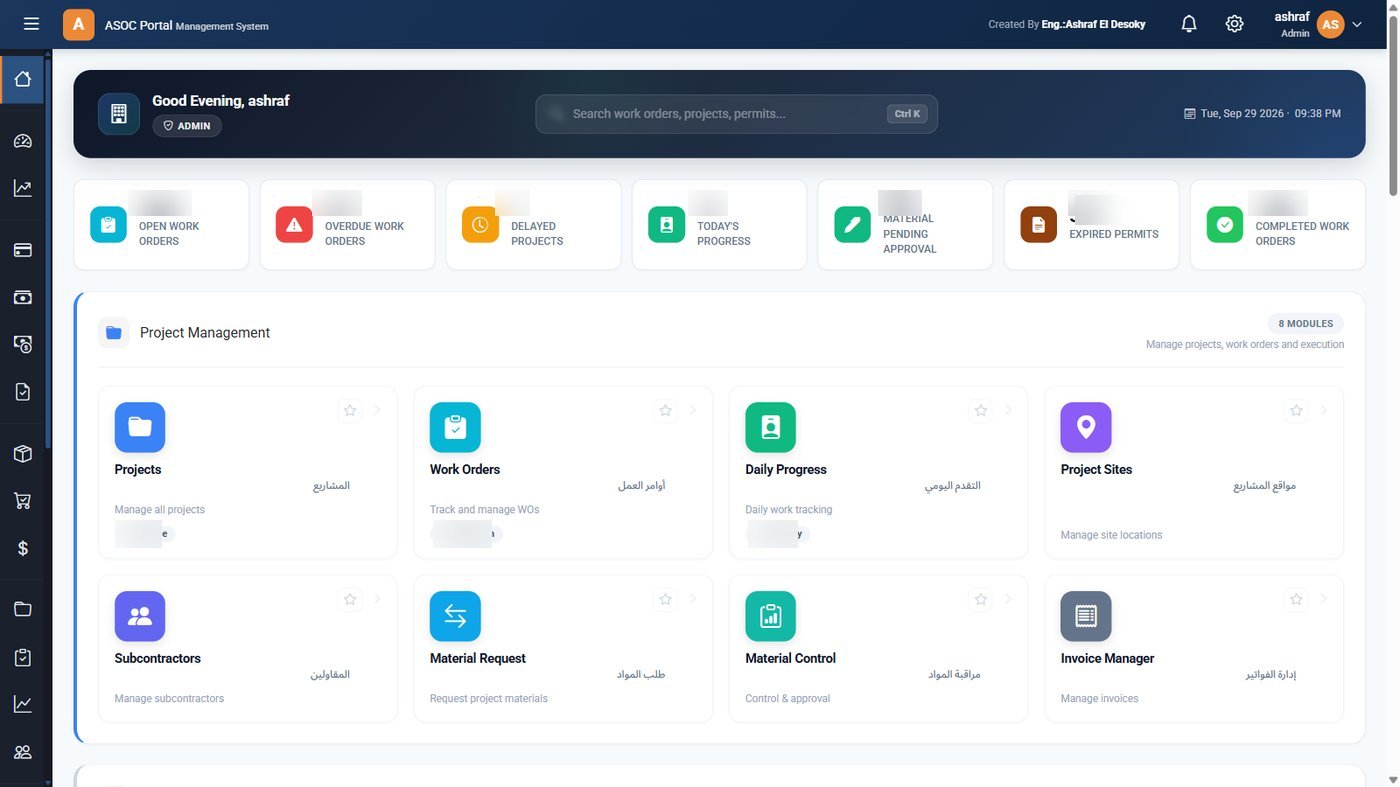 بوابة إدارة مشاريع ERP تعرض مؤشرات حية لأوامر العمل والتقدم والمواد والتصاريح