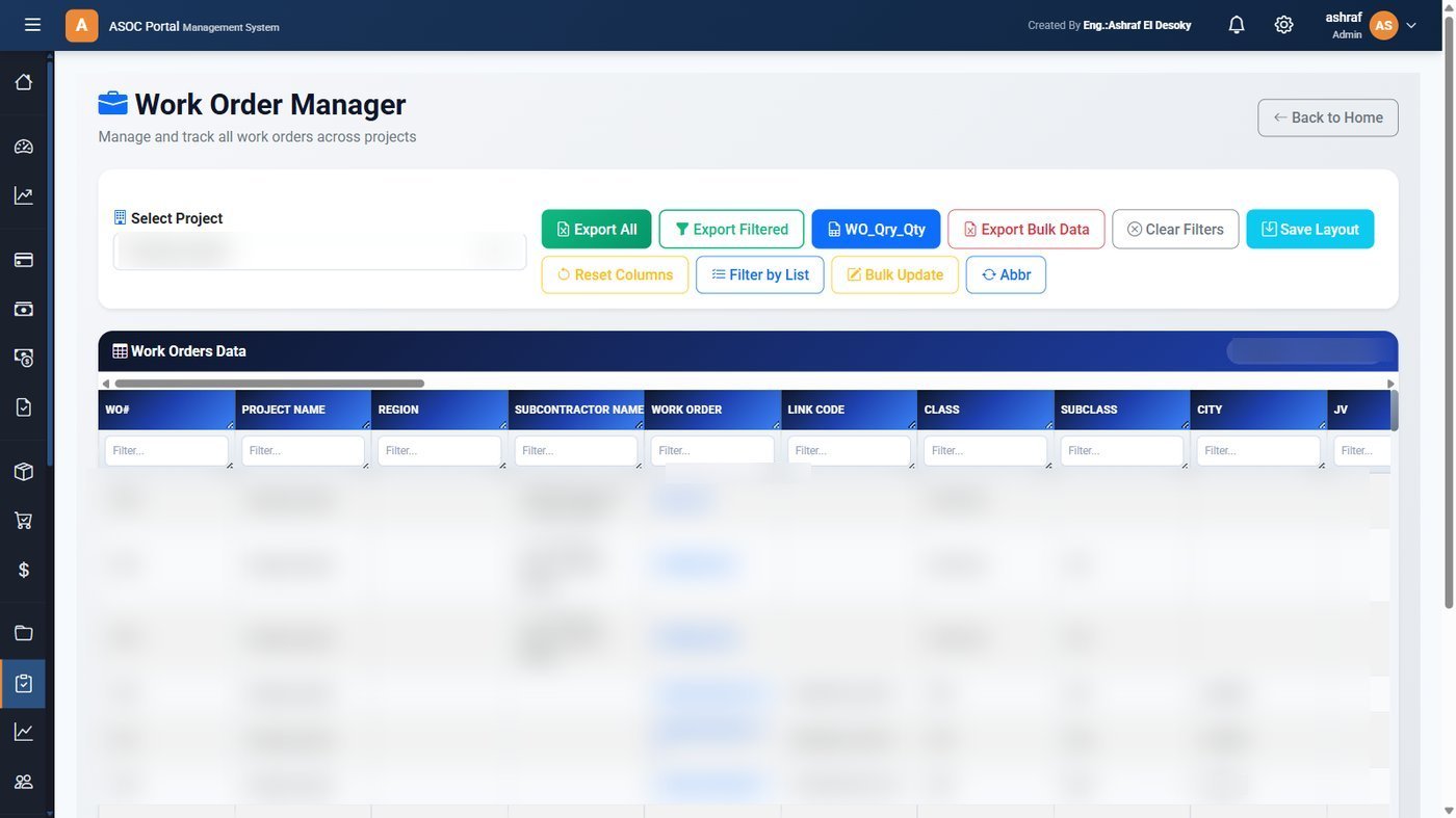ERP work order manager — thousands of work orders tracked by status, stage and class
